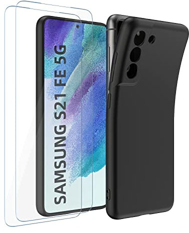 Garegce Hülle Kompatibel mit Galaxy S21 FE 5G mit 2 Stück Panzerglas Schutzfolie, Handyhülle Silikon Weich Ultra Dünn Stoßfest Kratzfest Bumper Schutzhülle für Galaxy S21 FE 5G, 6.4 Zoll, Schwarz