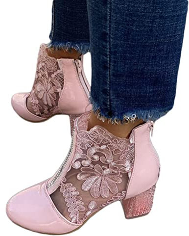 Minetom Stiefeletten Damen Pumps Schuhe Elegant Spitze Blumen Blockabsatz High Heels Mesh rutschfest Abend Party Stiefel B Rosa 37 EU