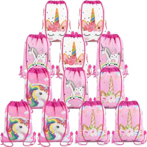 Newthinking Einhorn-Partytüten mit Kordelzug, 12 Stück, Vliesstoff, Kinder-Einhorn-Kordelzug, Rucksäcke, Partygeschenke für Mädchen