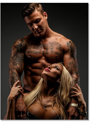 wandmotiv24 Leinwandbild Models, Hochformat, Tattoos, Mann & Frau, Models, Fitness, Kunst M0468