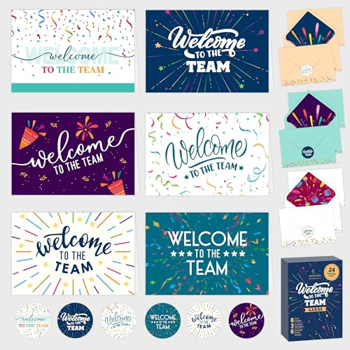 Decorably 24 Pack 6x4in Welcome Cards for Employees with Envelopes and Stickers, 6 Festive Designs Welcome To The Team Card, Blank Inside - Office