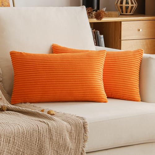 EMEMA Kissenbezug 30x50 cm Herbst Kordsamt Kissenbezüge Dekokissen Sofakissen Cord Kissenhülle Zierkissenbezug Kord Dekorative Weiche für Sofa Wohnzimmer Schlafzimmer 2er Set Orange