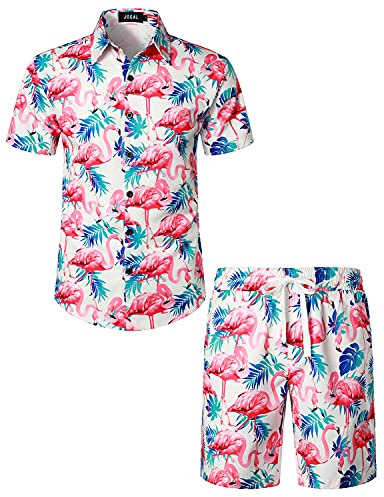 JOGAL Herren Hawaii Hemd Männer Flamingo Kurzarmhemd und Kurze Hose Set Strand Outfit Sommerhemd Für Mann Blau Blatt Flamingo X-Large