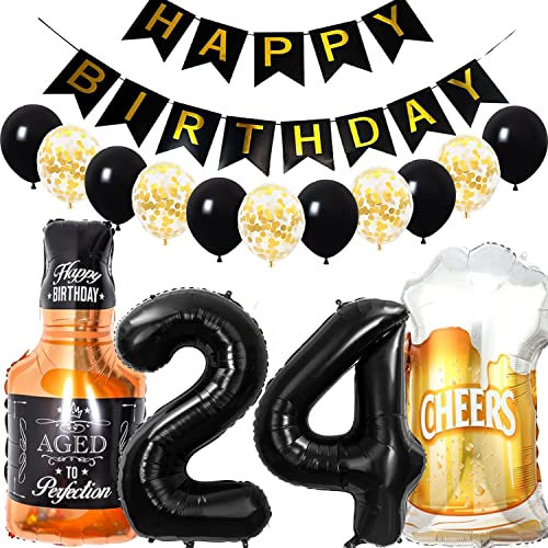 Conruich Geburtstagsdeko 24 Jahre Mann Frau, Luftballon 24. Geburtstag Deko Mann, Folienballon Zahl 24 Schwarz, Helium Ballon Whiskey Bierglas für 24. Geburtstag Manner Party Dekoration