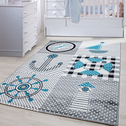 Teppium Kinderteppich für Jungen und Mädchen Piraten Muster 120 cm Rund Grau - Kurzflor Waschbarer Teppich Extra Weich und Antiallergen - Teppich für Kinderzimmer, Babyzimmer und Spielzimmer
