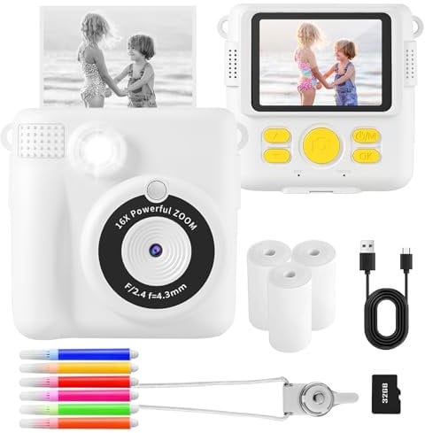 AORILE Kids Instant Print Camera, 1080P HD Digital Camera with 32G SD Card, 3 Rolls Photo Paper & 6 Color Pens, for 3-14 Year Old Girls (White)