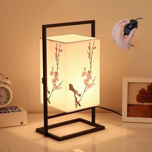 RIAMTGCX Lampe de chevet de chambre japonaise Lampe de bureau industrielle avec cadre en métal noir Abat-jour en tissu carré Lampe de table pour chambre (variateur d'ambiance, fleur de prunier)