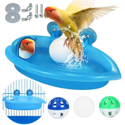 Bird Bath for Cage with Double Mirrors & 3 Balls Hanging Budgie Bath Tub Bird Food Feeder Shower Tray Parrots Bathing Tubs Budgie Toys Accessories for Budgie Parakeet Canary Bird Cage Accessories