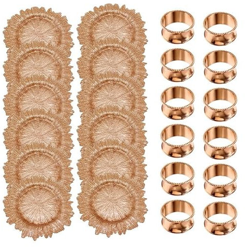 Trimming Shop 33cm Vintage Rose Gold Glass Charger Plates with Hammered Design Napkin Rings Pack of 12 for Weddings, Parties, Dinner Table Decorations, Catering Events, and Birthdays.
