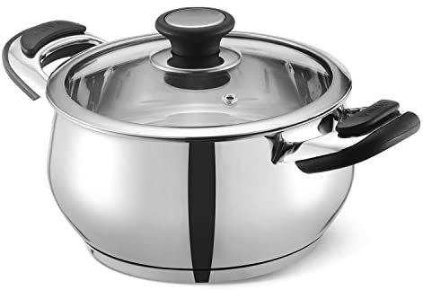 Generic Stainless Steel Casserole/Saucepot Handi with Glass Lid - 2.7 Litre, 18 cm | Stylish Durable Handles Cooking Pot | Induction Base Belly Shape Pot, EQSZ-KS-FEB-202014011