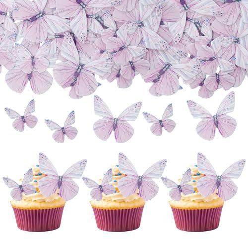 Gyufise 72Pcs Butterfly Edible Cupcake Toppers Cake Decoration Edible Butterfly Cupcake Picks for Butterfly Theme Baby Shower Kids Birthday Party Cake Supplies Purple