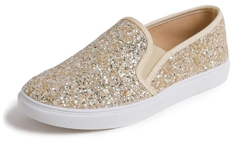 Feversole Women's Fashion Slip-On Trainer Casual Flat Loafers，Skater Pumps Trainers Sneakers Shoes Light Gold Glitter Size 7