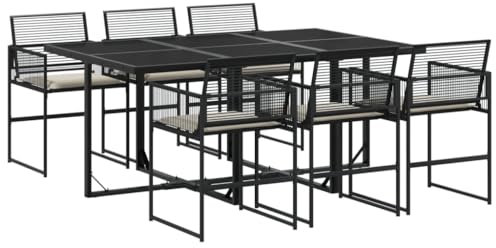 vidaXL Garten Essgruppe 7-TLG., Gartenmöbel Set mit Kissen, Gartengarnitur Tisch 6 Stühle, Sitzgruppe Sitzgarnitur, Schwarz Poly Rattan
