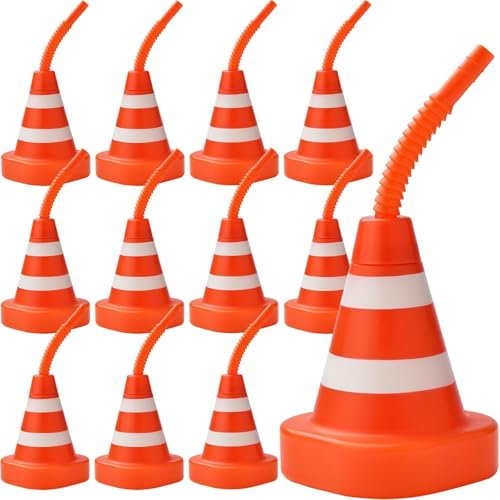 ALINK Plastic Racing Car Party Cups with Straws, Construction Cone Cups, Bulk Cone Shaped Party Cups, Reusable Racing Car Birthday Accessory Set for Traffic Party Favour (Orange, Pack of 12)