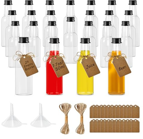 24 Pezzi Mini Bottiglie Plastica 50 ml, Trasparente Bottigliette Liquore Mignon con Imbuti, Piccole Bottiglia Riutilizzabili per Feste, Viaggi, Picnic