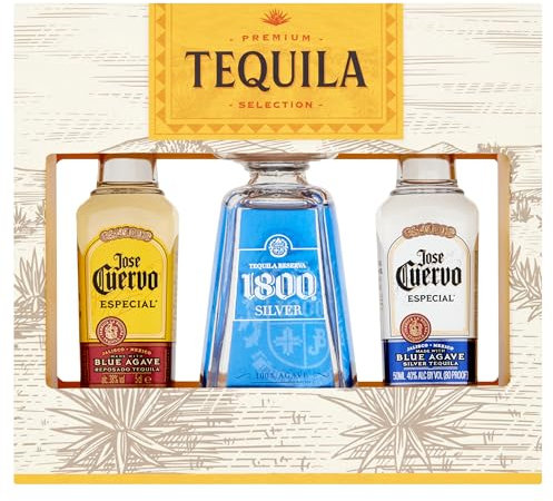 Tequila Selection Trio Gift Set. 3 x 5cl bottles, including 1800 Silver and Jose Cuervo Especial. Premium Tequila Gift Pack for Christmas and Birthdays