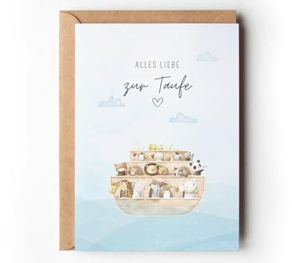 Paperlane by Essi Taufe Glückwunschkarte Baby Kind Arche A6, Geschenk Taufkarte Junge Mädchen Aquarell, blau Grußkarte heilige Taufe Unisex Geldgeschenk Patenkind (1 Klappkarte mit Umschlag)