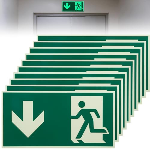 10 Stück Notausgangsschild Nachleuchtend Selbstklebend, Schild Notausgang mit selbstklebender Schaumschicht, 30x15cm Fluchtwegschilder Pfeil unten, Fluchtwegschilder Nachleuchtend für Außen und Innen