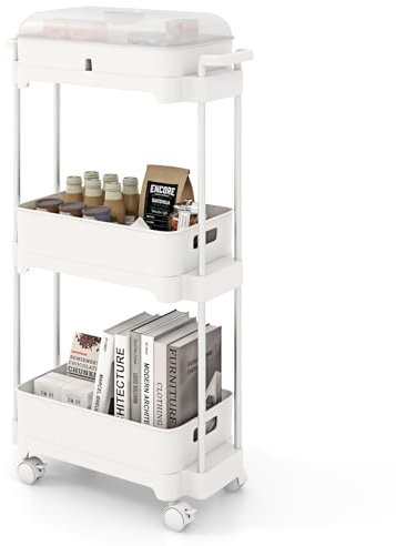 COSTWAY 3-stöckiger Rollwagen, multifunktionaler Lagerwagen mit Abnehmbarer Abdeckung & Ablagen, mobiler Mehrzweckwagen mit Alurahmen & feststellbaren Rädern für Wohnzimmer, Küche, Büro, weiß