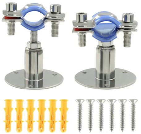 Auvotuis 2PCS 304 Stainless Steel Wall Mount Ceiling Mount Pipe Supports,Suitable for OD Pipe 1/2(19-22mm),Adjustable Height 30-50mm, Adjustable Pipe Bracket Clamp with Screws