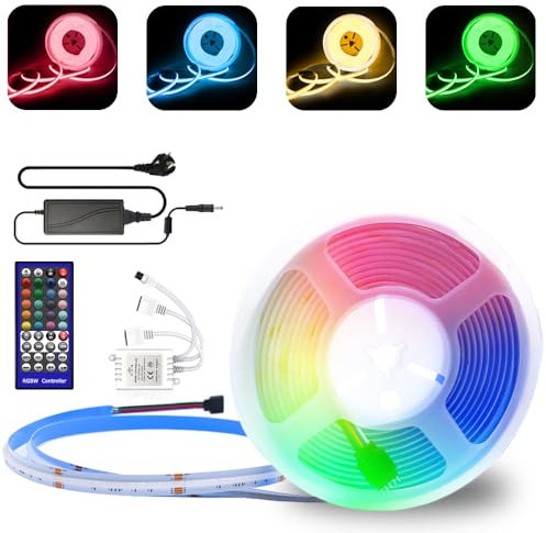 24V COB LED Streifen 5M RGBW Dimmbar mit Fernbedienung und Netzteil COB LED Stripe RGB+Warmweiß 3000K LED Band, Hohe Dichte 784LEDs/M, Flexibel LED Stripe keine Lichtpunkte für Hause, Zimmer, Bar, TV