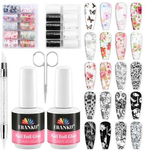 EBANKU Nail Foil Glue Gel Set, 30ML Nail Glue with 20 Pcs Flower Classic Lace Transfer Foil Stickers for DIY Manicure or Salon, UV LED Lamp Required