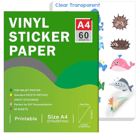 Papel autoadhesivo de vinilo transparente imprimible para impresoras de inyección de tinta - Tamaño A4 (297 x 210 mm) Autoadhesivo transparente impermeable compatible con Cricut(60 hojas)