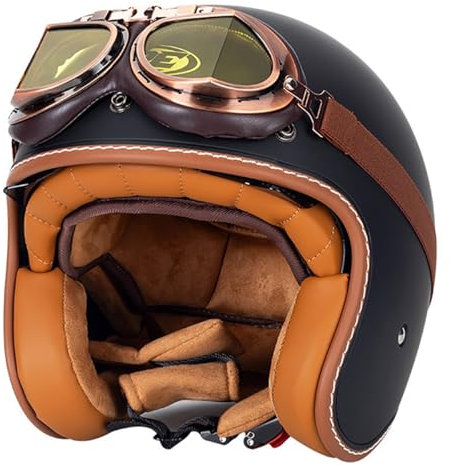 EBAYIN Casque Demi Jet Vintage Moto Scooter Bol Homologué ECE Protection Hommes Femmes Lunettes H,L=59~60cm