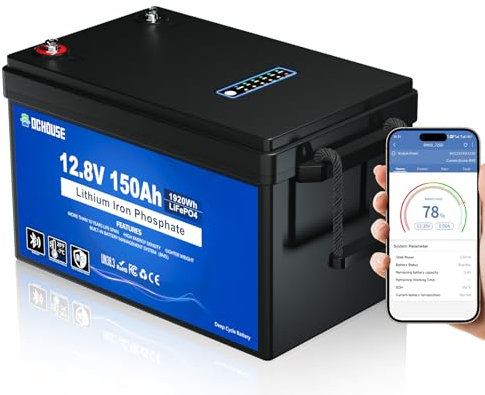 DCHOUSE 12V 150Ah LiFePO4 Batería de Litio con Indicadores de Estado SOC, Bluetooth y Corte por Baja Temperatura, Batería de Litio 12V hasta 15000 Ciclos, 120A BMS Perfecta para Motores Trolling, Mari