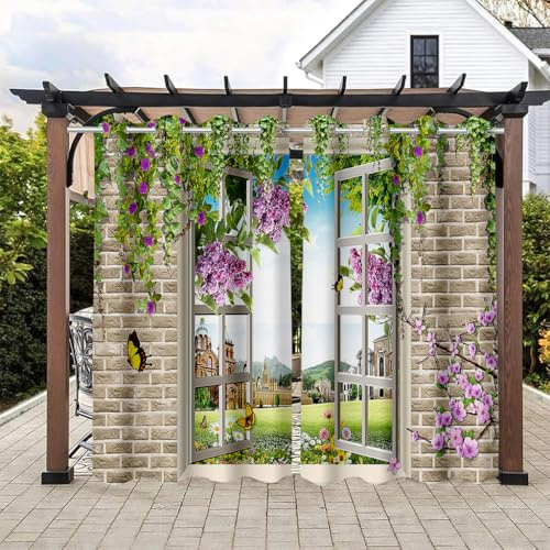 Hiseng Outdoor Vorhang Wasserdicht, Wetterfest Outdoor Pergola Vorhang Blickdicht 2 Stück Outdoorvorhänge Wetterfest Sichtschutz Sonnenschutz Balkon Pavillon, 3D-Landschaft (Fenster,137x243cm)