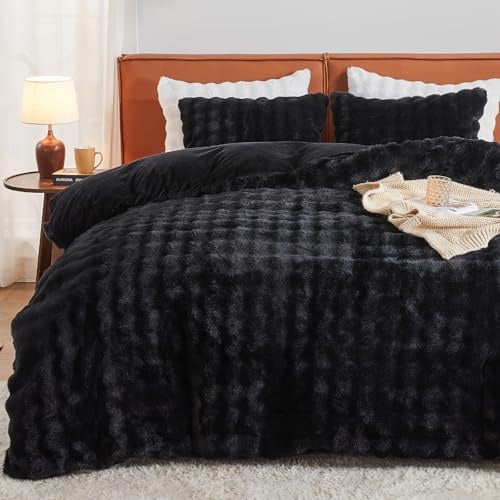 EMME Bubble Plüsch Bettwäsche 135x200-Winterbettwäsche aus Kaninchenfell-Imitat wie EIN Sanfte Umarmung, Warme Bettbezug mit Reißverschluss und 1 Kissenbezug 80x80 cm,Schwarz