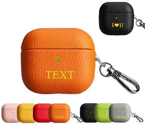 personalisierte Leder Hülle für AirPods Pro 3/2/1/4, personalisiert Namen Text vollständig verpackt mit stoßfester Abdeckung, mit Schlüsselanhänger (LED sichtbar) Unterstützung Wireless Ladegerät-Blau