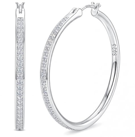 FANCH Sterling Silber 925 Creolen für Damen Mädchen Funkelnde Kubischem Zirkonia Große Creolen 18K Weißesgold Vergoldet Hypoallergene Leichte Strass Creolen Ohrringe Silber 925 40/MM Silber
