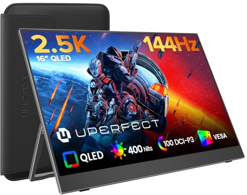UPERFECT 144Hz 2.5K Portable Monitor, 16 QLED 145% sRGB 400Nits 2560x1600, USB-C Ports, 16:10 Gaming Matte Display w/VESA & Speaker, Compatible with Laptop/PS5/XBOX/Switch/Tablet/PC/Phone