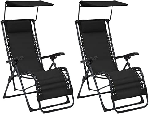 QUAHEAS Klappbare Liegestühle 2er Set, Schwarz Textilene, Stahlrahmen, Sonnenliege mit Dach, Gartenmöbel für Terrasse, Pool, Balkon, 61x88x107,5 cm