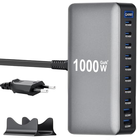 1000 W Chargeur USB C Multiple, Station de Charge PD 140 W 100 W, Chargeur Rapide à 10 Ports Chargeur GaN-III Compatible avec MacBook, iPad, iPhone séries 16/15/14, Galaxy S22/ S20,Dell, HP