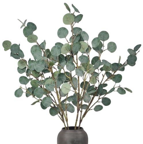 SHEPIN 4 Stück Eukalyptus Deko Zweige Künstlich Eucalyptus Pflanze 90cm für Bodenvase, Salbeigrün Künstlicher Eukalyptus Kunstblumen Grün Blätter Dekozeige für Kommunion Taufe Home Tischdeko