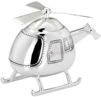 Spardose Helikopter Form versilbert - verspielte Sparbüchse mit beweglichen Rotorflügeln - Sparbox im liebevoll ausgearbeiteten Design für Kinderzimmer & als Geschenkidee