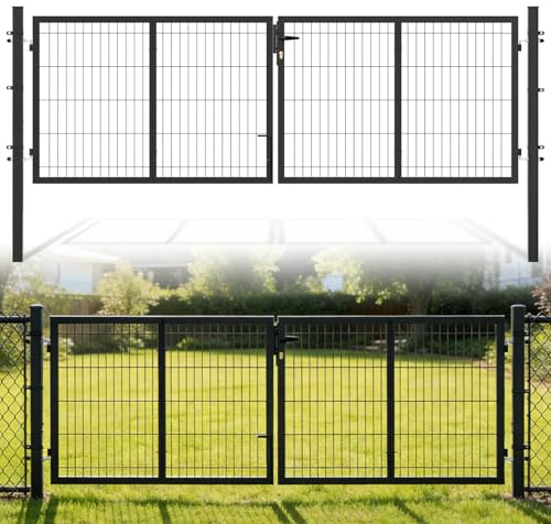 Ansobea Gartentor Anthrazit, 300x100cm Gartentür aus verzinkter Stahl, Gartenzaun Zauntür mit Schloss, Griff und 3 Schlüsseln, Doppeltor, für Garten Tor Hoftor Gartenpforte