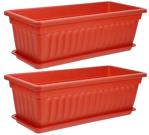 Kichvoe Lot de 2 Jardinières Rectangulaires Grand Format en Plastique Épais Brique Rouge avec Soucoupes, Pots de Fleurs pour Balcon et Jardin, Usage Intérieur et Extérieur, Jardinières