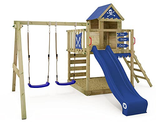 WICKEY Aire de Jeux Smart Cave portique en Bois avec balançoire et Toboggan Bleu, Tour d'escalade pour Enfants avec bac à Sable, échelle et Accessoires de Jeu pour Le Jardin.