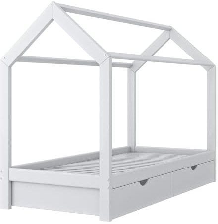 VitaliSpa Hausbett Wiki, Bett aus Holz, Weiß, 90x200 cm mit 2 Schubladen