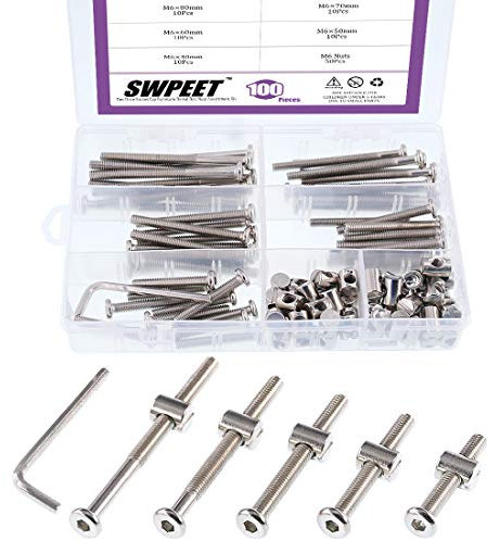 Swpeet 100pcs chiavistello per dadi ruota, ad alta velocità in acciaio M6 × 40/50/60/70/80 mm attacco esagonale Cap mobili barile viti bulloni dadi assortimento kit con 1 x chiave