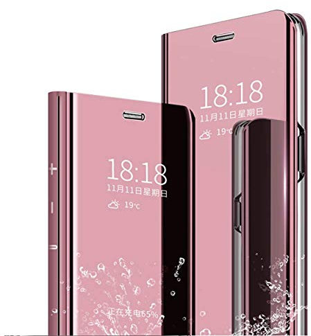 MLOTECH Smart Handyhülle für Huawei P20 Hülle und Gehärtetes Glas schutzfolie Flip Transluzent View Miroir Spiegel Standfunktion Cover -Roségold