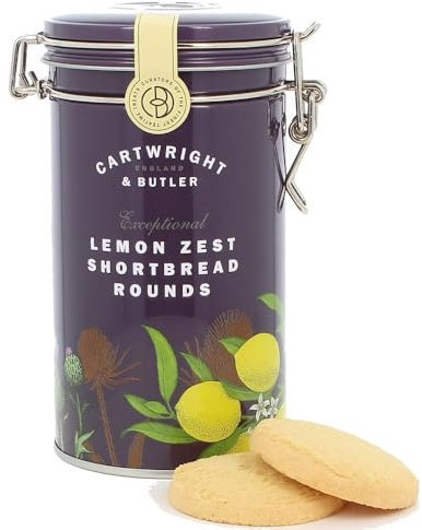Cartwright & Butler Lemon Zest Shortbread Rounds Tin, Clip-Lid Tin, Soft and Crumbly All Butter Shortbreads