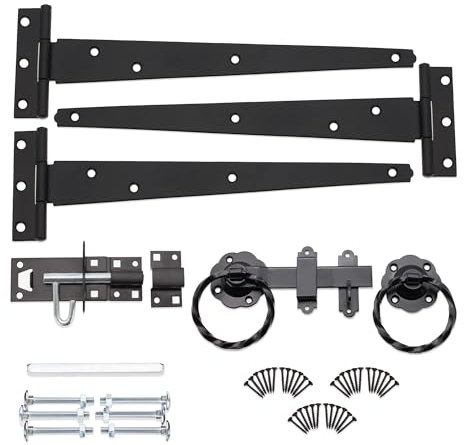 Infinity Decor Garden Gate Fitting Kit in Epoxy Black Iron for Wooden Garden Gate, Shed, Barn for External Use - 3x10” 250mm Tee Hinges, 1x6” Twisted Ring Latch & 1x4 Brenton Bolt in Premium Quality