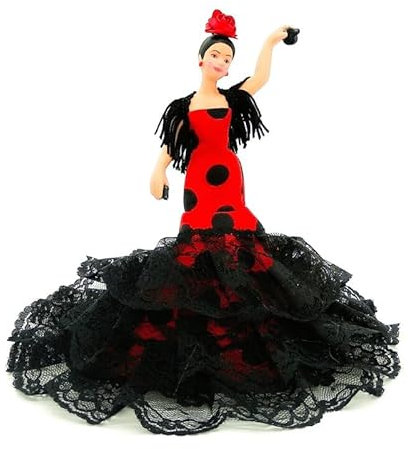 Folk Artesanía Gala Porzellanpuppe 18 cm. Andalusisches Flamenco-Regionalkleid mit Blume España Dolls. (Rotes Kleid mit schwarzen Tupfen)