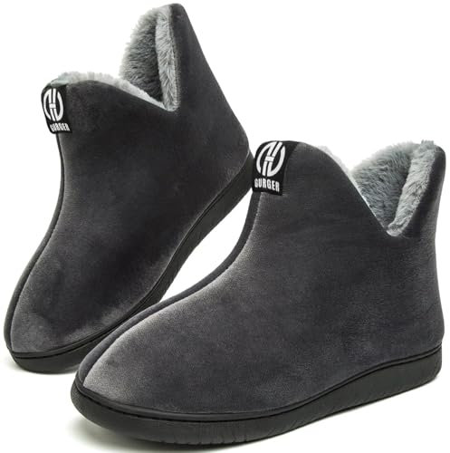 GURGER Herren Hüttenschuhe Damen Plüsch Hausstiefel Gefüttert Warm Hausschuhe Hohe Winter Pantoffeln Slipper Feste Sohle für Frauen Dunkel Grau Gr. 40 41