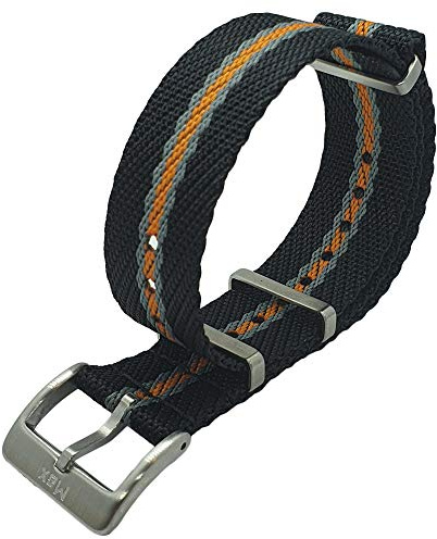 Max Nato-Uhrenarmband aus Nylon, Sicherheitsgurt, gebürstete Edelstahl-Schnalle, Ersatzarmband für Herren und Damen, 20 mm / 22 mm, Farboptionen, Schwarz/Orange/Grau, 20 mm, Armband, robust