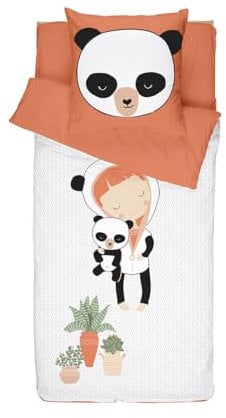 Caradou Kinderbettwäsche MISS PANDA, 3-teilig ohne Bettdecke, 90x190 cm, Baumwolle, Orange